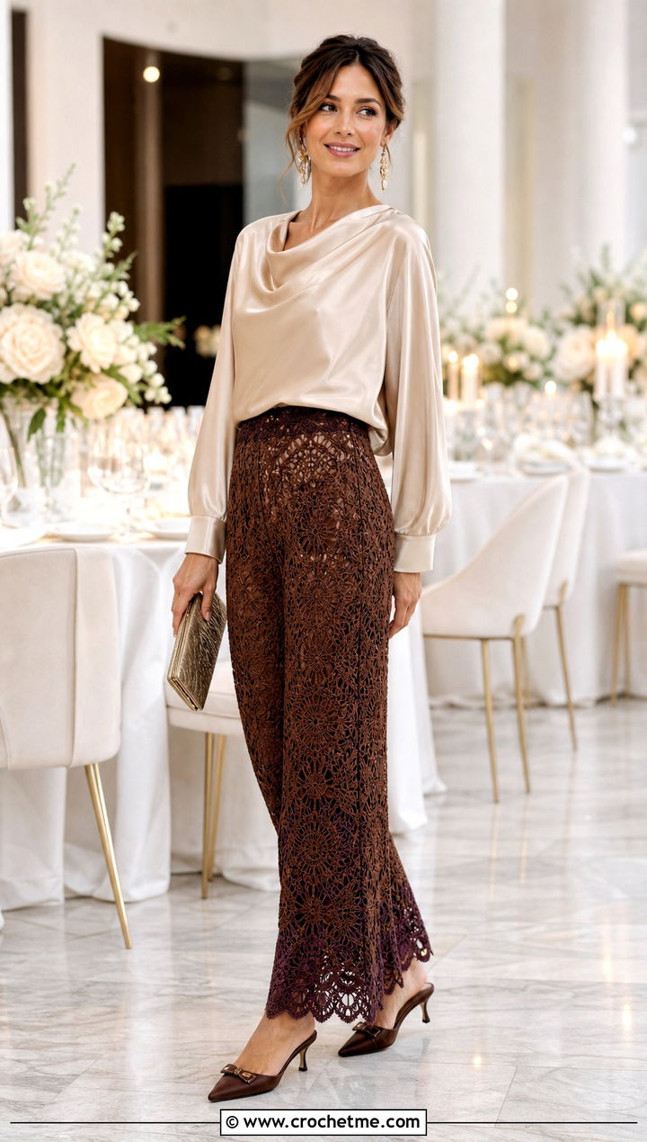 Brown Lace Crochet Pants With Satin Blouse - 30 brown crochet pants outfit ideas