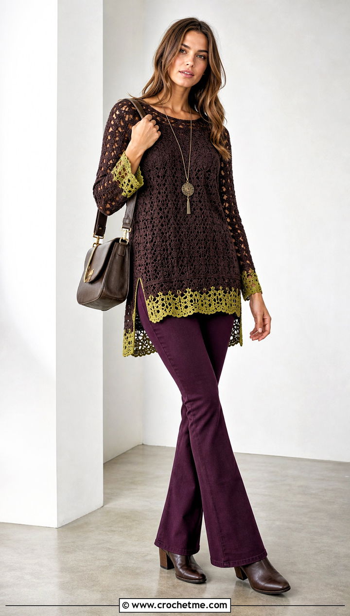 Brown Lace Crochet Tunic Top With Flared Pants - 15 Brown Lace Crochet Top outfit ideas