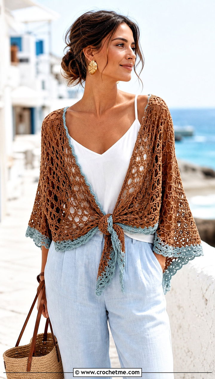 Brown Lace Mesh Crochet Shawl With Wide Leg Linen Pants - 15 Brown Crochet Shawl outfit ideas