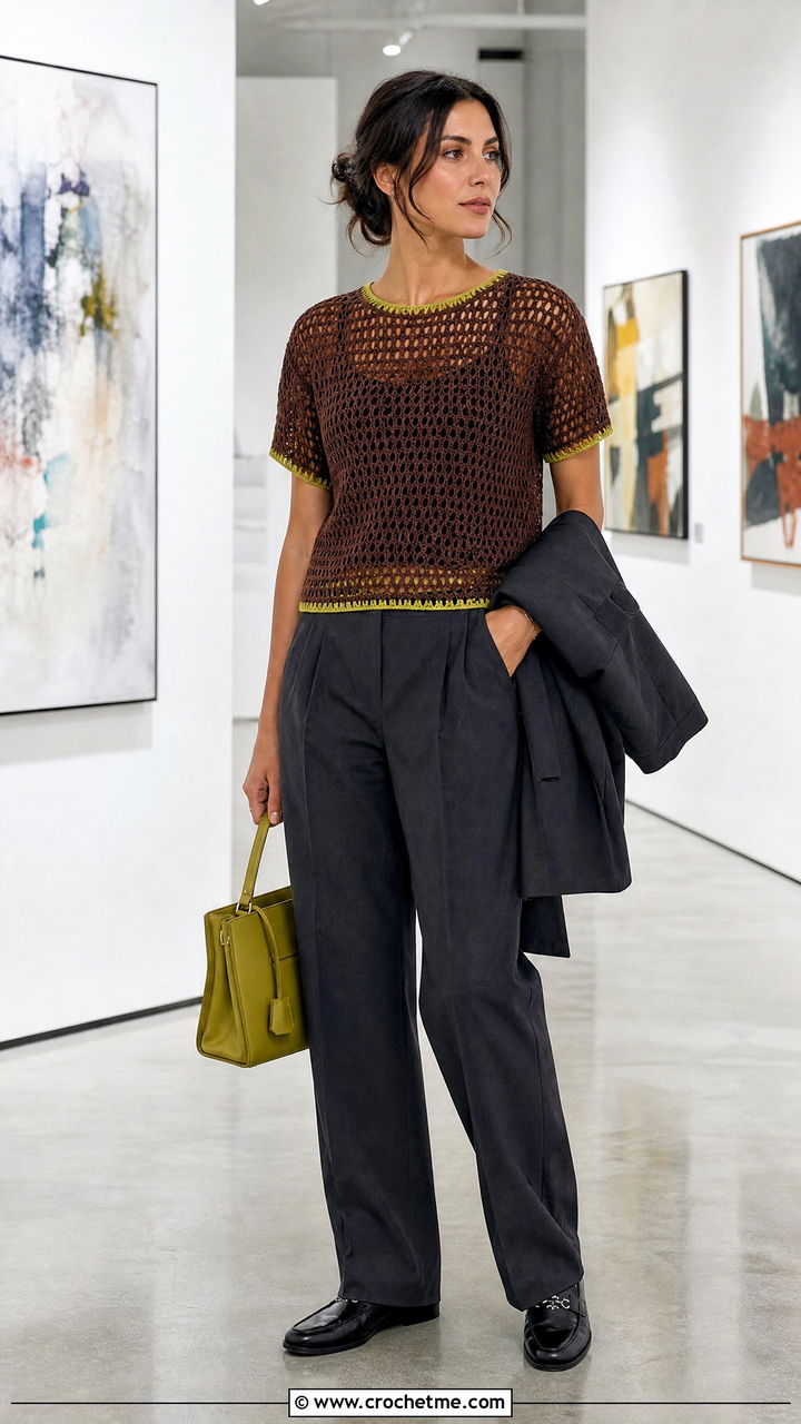 Brown Mesh Crochet Top With Tailored Trousers - 35 crochet brown top outfit ideas