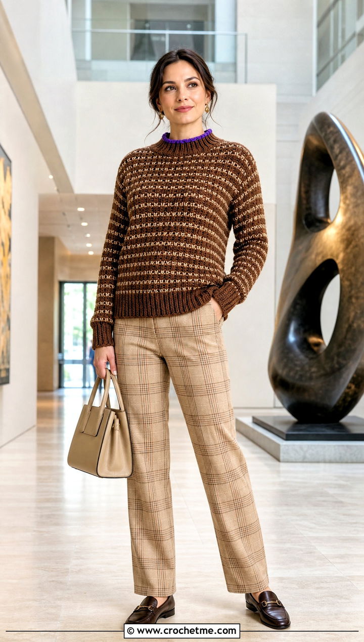 Brown Mock Neck Crochet Sweater With Plaid Pants - 25 Brown And Beige Crochet Sweater outfit ideas