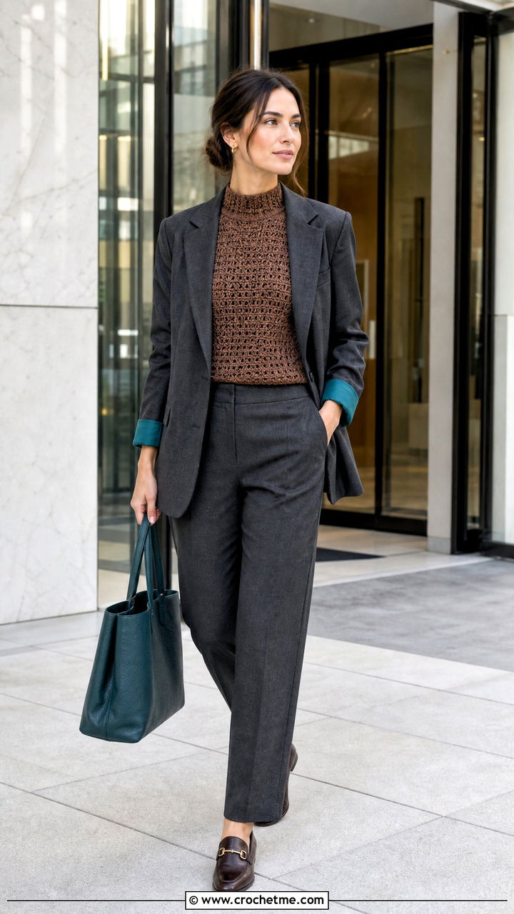 Brown Mock Neck Crochet Top With A Suit - 35 crochet brown top outfit ideas