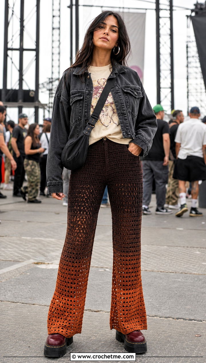 Brown Ombre Crochet Pants With Graphic T Shirt - 30 brown crochet pants outfit ideas
