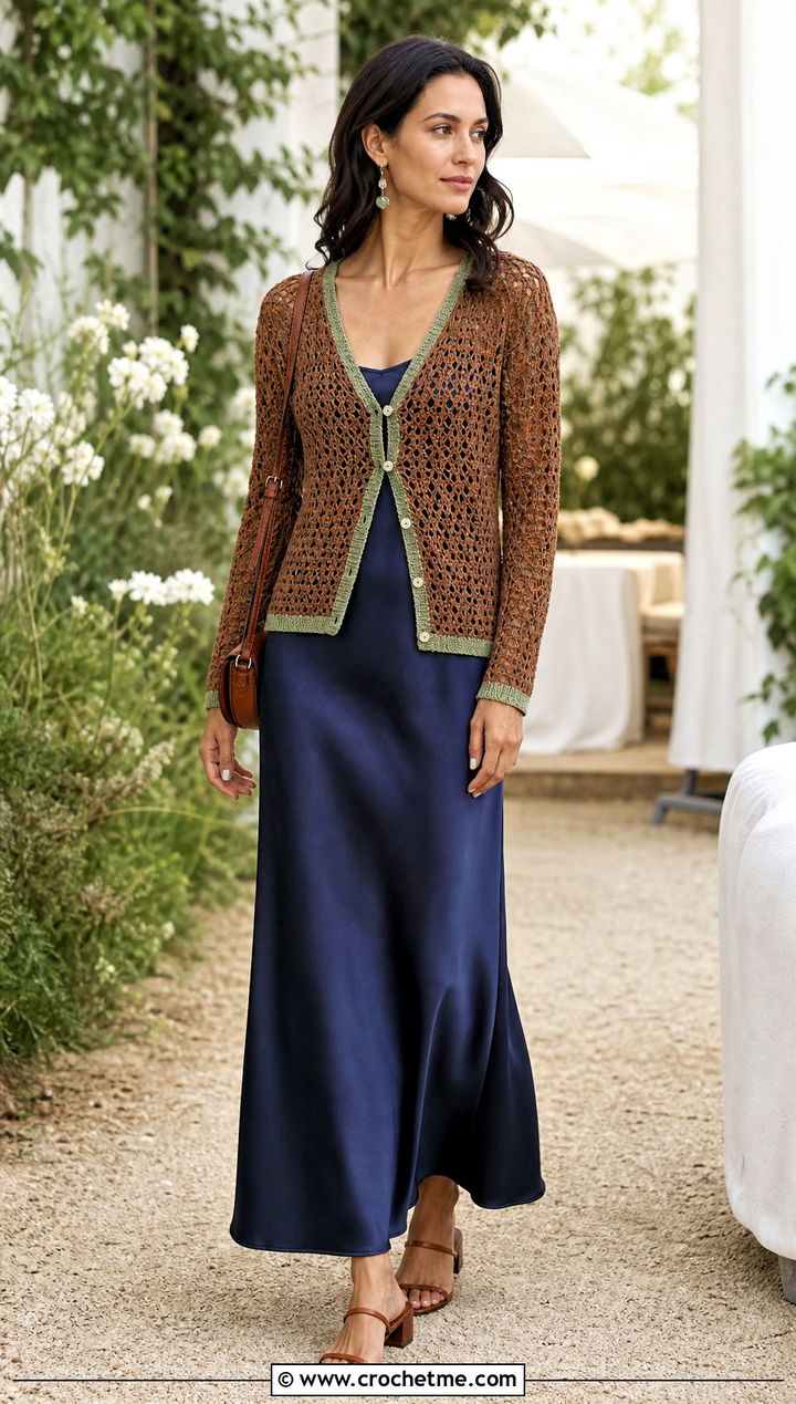 Brown Openwork Crochet Cardigan Sweater With Slip Dress - 15 brown crochet sweater outfit ideas