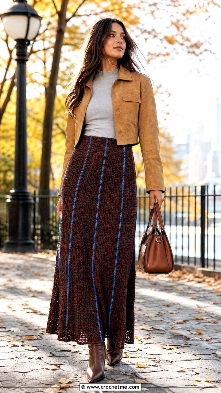 Brown Paneled Crochet Maxi Skirt With Suede Jacket - 35 brown crochet skirt outfit ideas