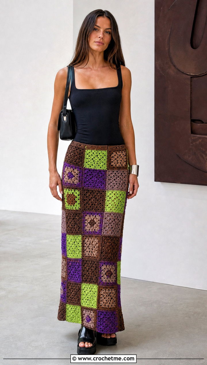 Brown Patchwork Crochet Maxi Skirt With Black Bodysuit - 25 Brown Crochet Maxi Skirt outfit ideas