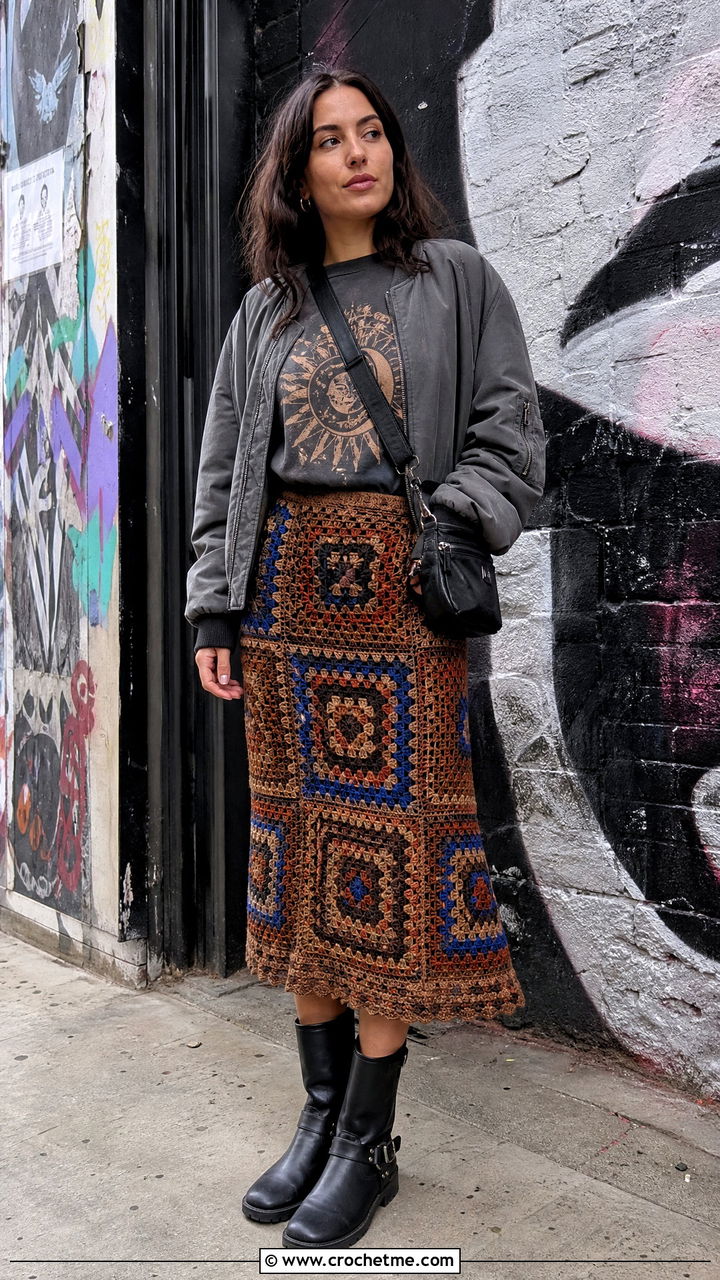 Brown Patchwork Crochet Midi Skirt With Graphic T Shirt - 35 brown crochet skirt outfit ideas