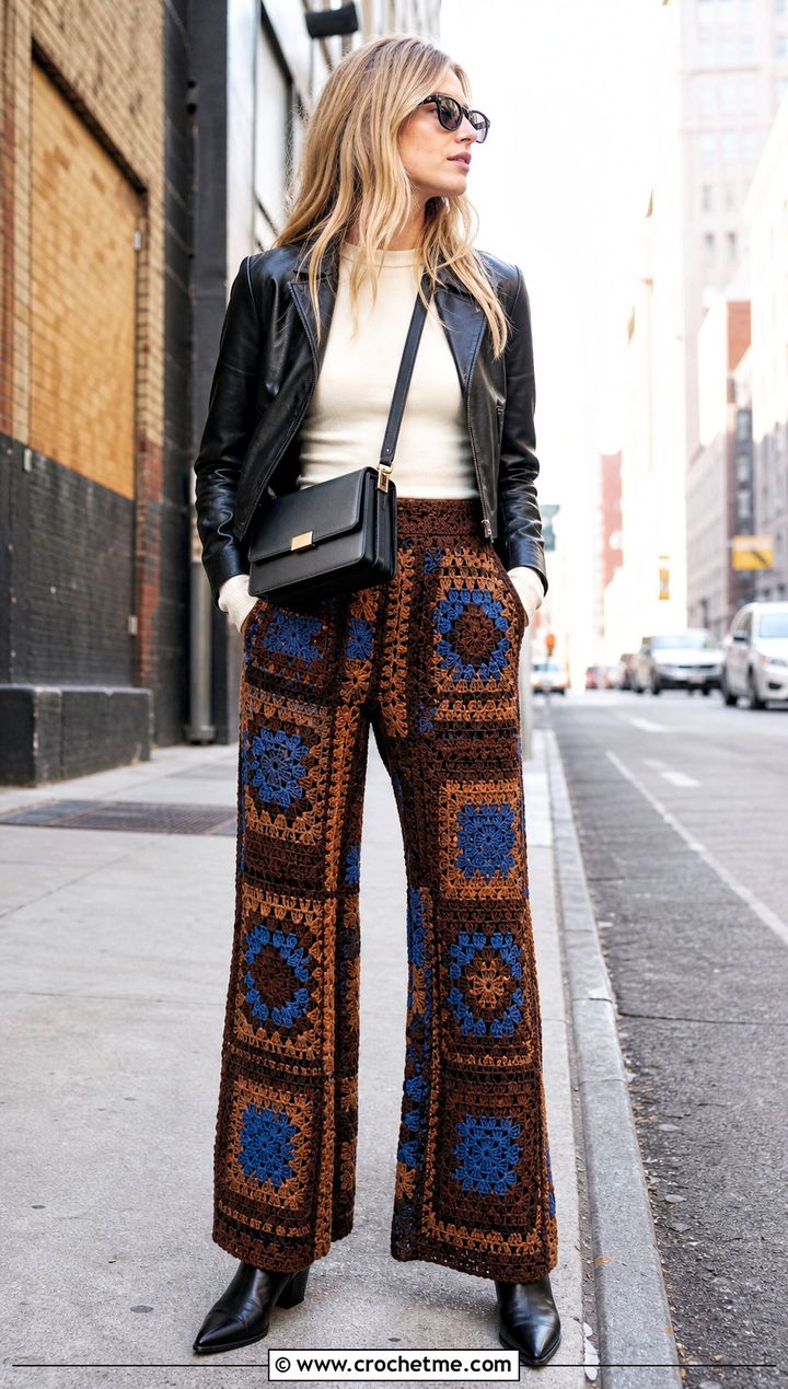 Brown Patchwork Crochet Pants With Leather Jacket - 30 brown crochet pants outfit ideas
