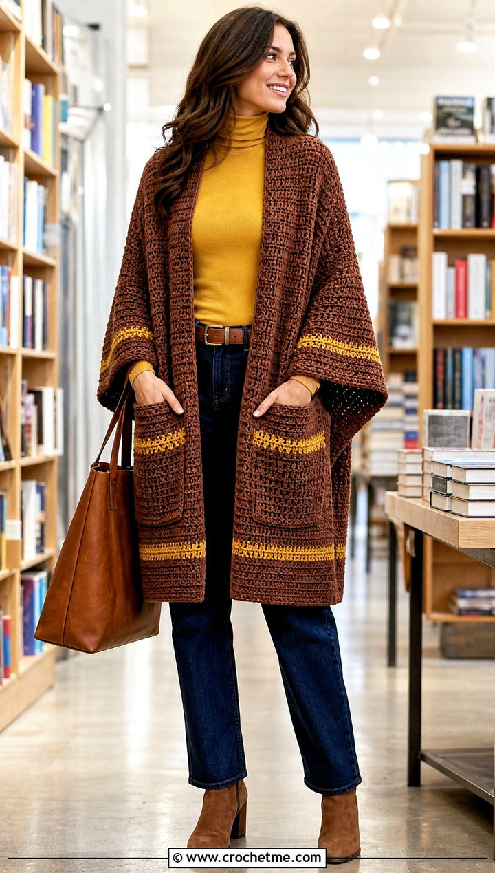 Brown Pocket Crochet Shawl With Turtleneck And Straight Jeans - 15 Brown Crochet Shawl outfit ideas