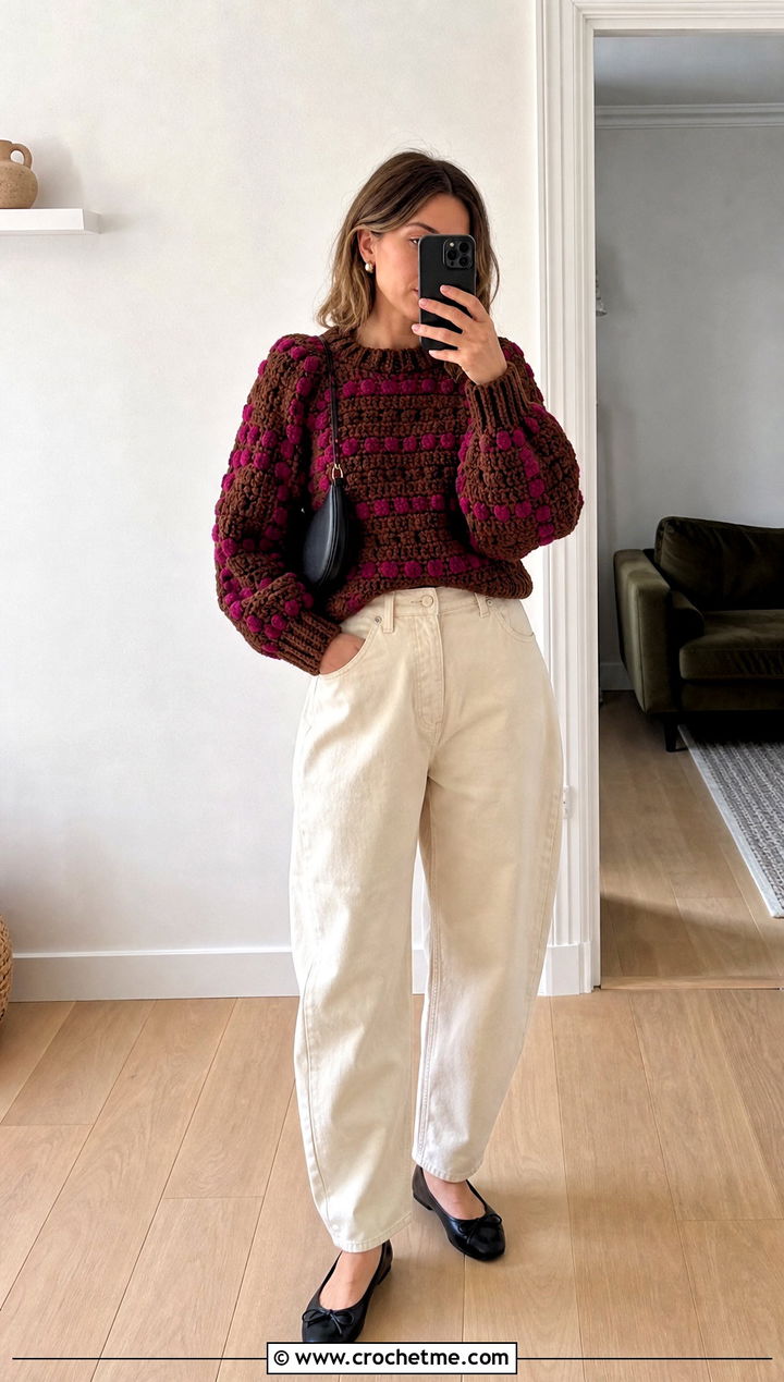 Brown Puff Sleeve Crochet Sweater With Barrel Jeans - 15 brown crochet sweater outfit ideas