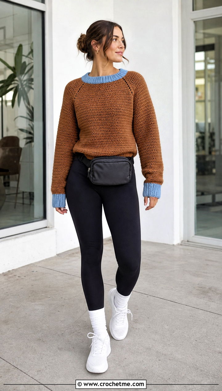 Brown Raglan Crochet Sweater With Leggings And Sneakers - 15 brown crochet sweater outfit ideas