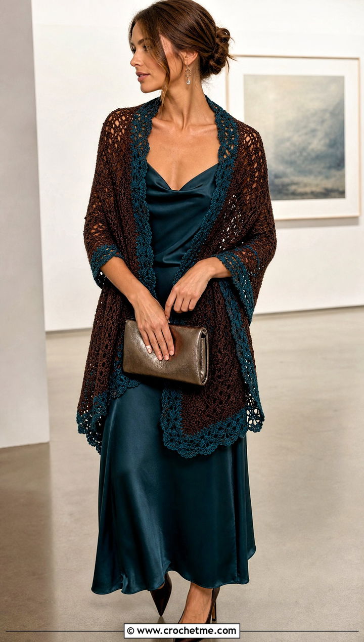 Brown Rectangular Crochet Stole With Satin Slip Dress - 15 Brown Crochet Shawl outfit ideas