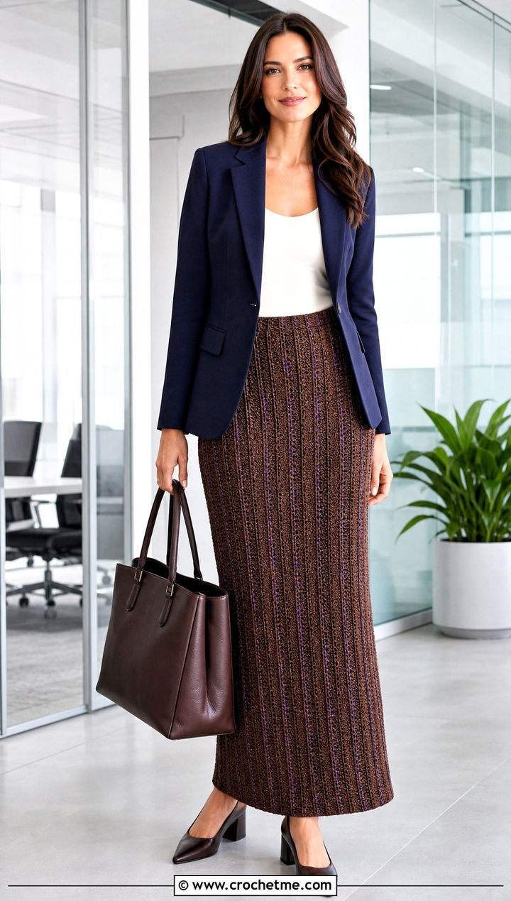 Brown Ribbed Crochet Column Maxi Skirt With Blazer - 25 Brown Crochet Maxi Skirt outfit ideas