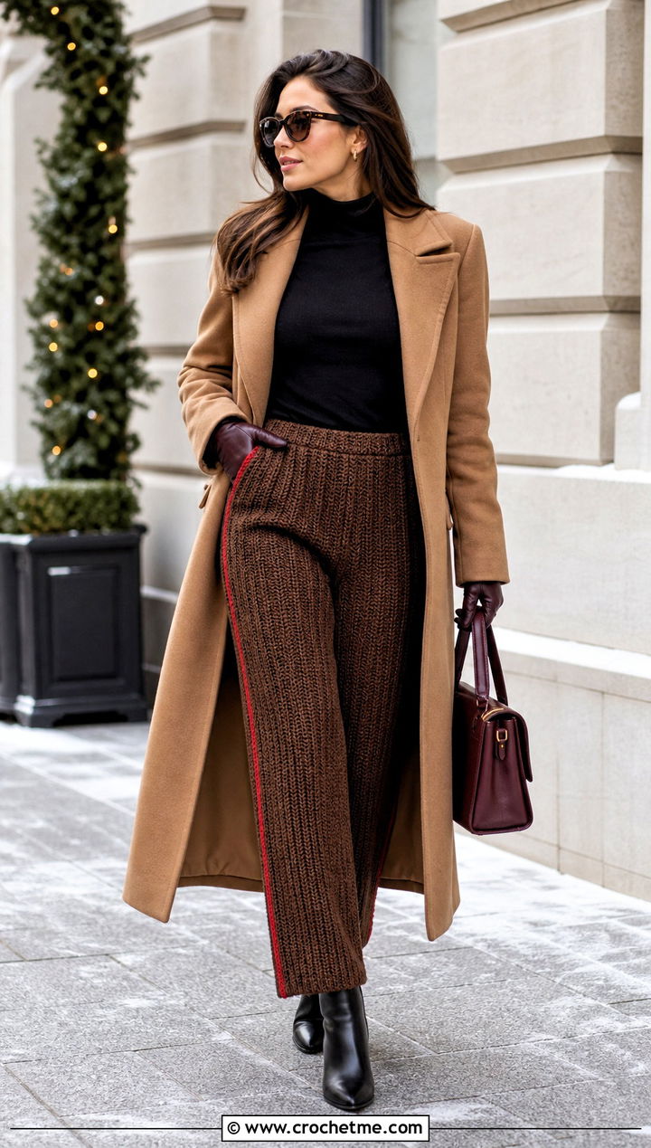 Brown Ribbed Crochet Pants With Long Wool Coat - 30 brown crochet pants outfit ideas