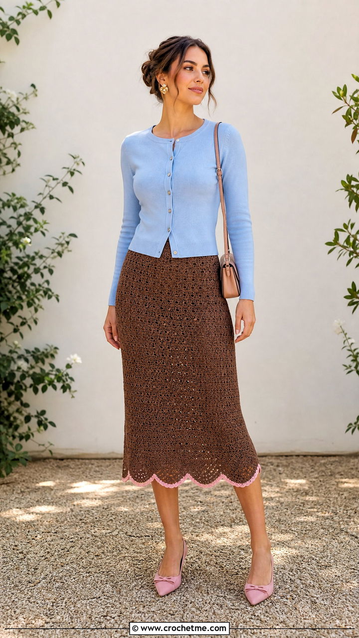 Brown Scallop Hem Crochet Midi Skirt With Cardigan - 35 brown crochet skirt outfit ideas