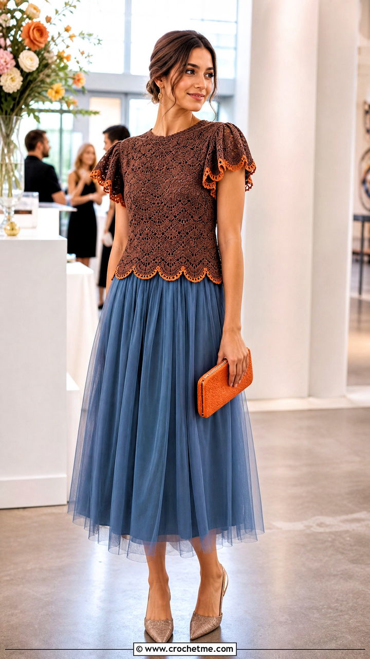Brown Scalloped Crochet Top With Tulle Midi Skirt - 35 crochet brown top outfit ideas