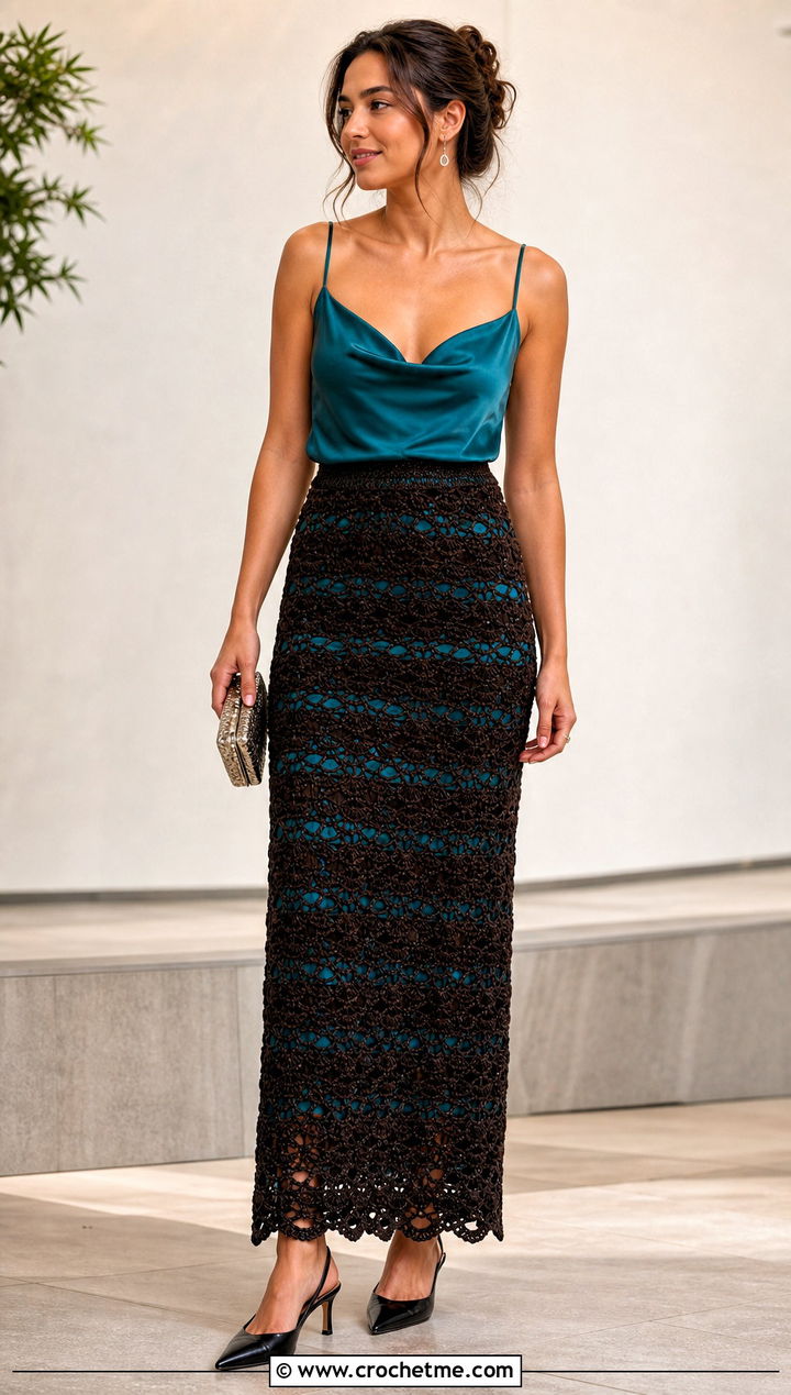 Brown Shell Stitch Crochet Maxi Skirt With Satin Camisole - 25 Brown Crochet Maxi Skirt outfit ideas