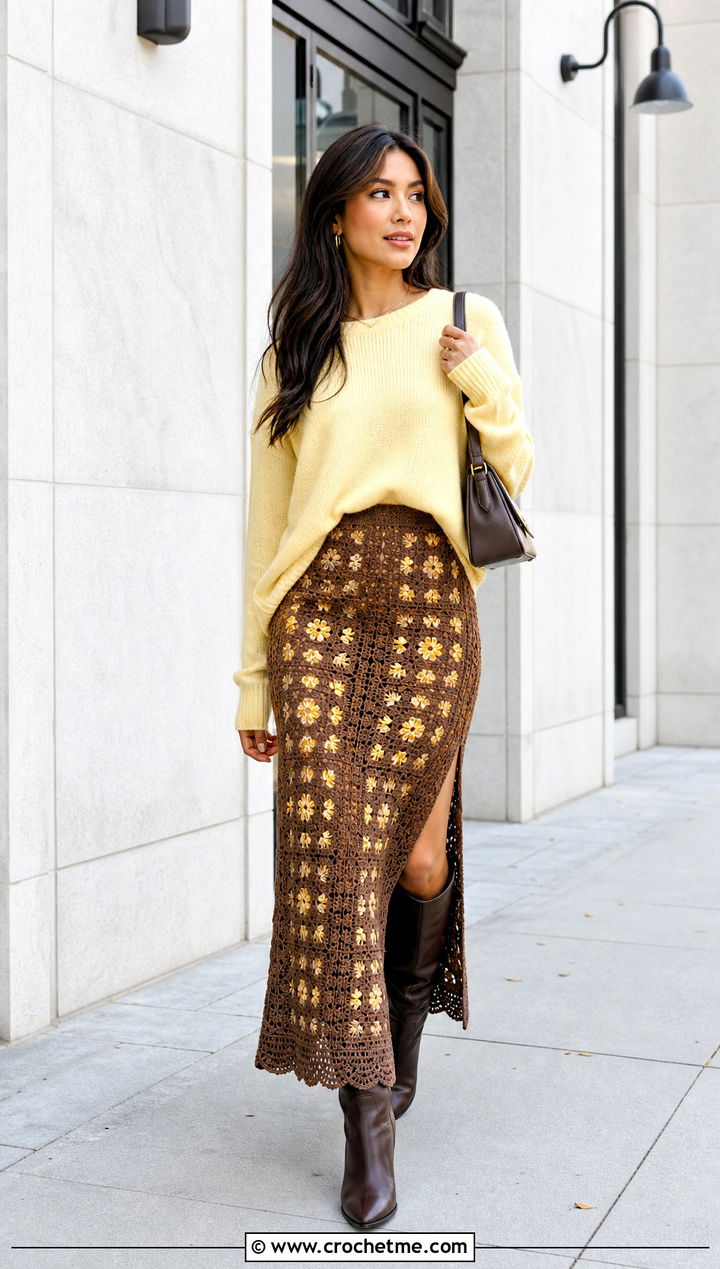 Brown Side Slit Crochet Maxi Skirt With Oversized Sweater - 25 Brown Crochet Maxi Skirt outfit ideas