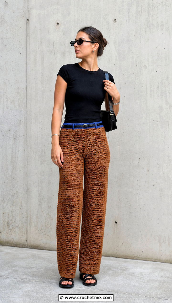 Brown Straight Leg Crochet Pants With Black Tee - 30 brown crochet pants outfit ideas