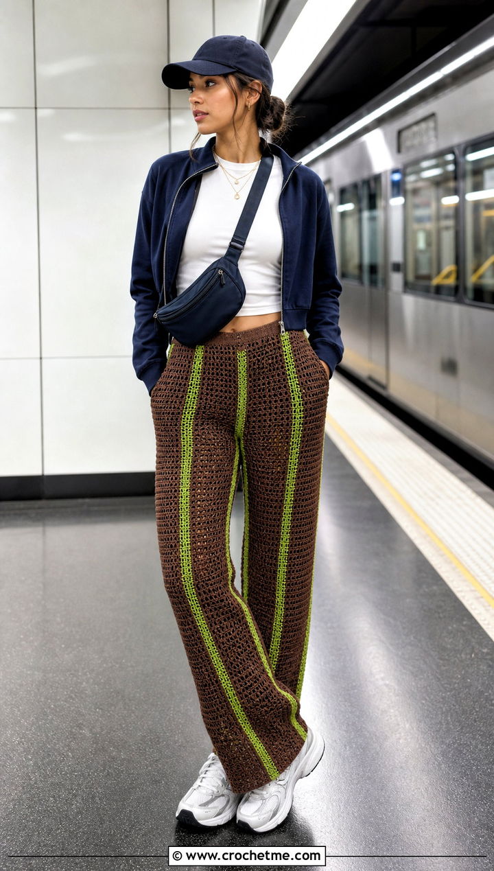 Brown Striped Crochet Pants With Zip Jacket - 30 brown crochet pants outfit ideas