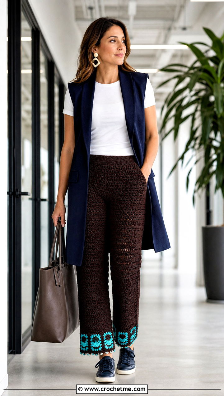 Brown Tapered Crochet Pants With Tailored Vest - 30 brown crochet pants outfit ideas