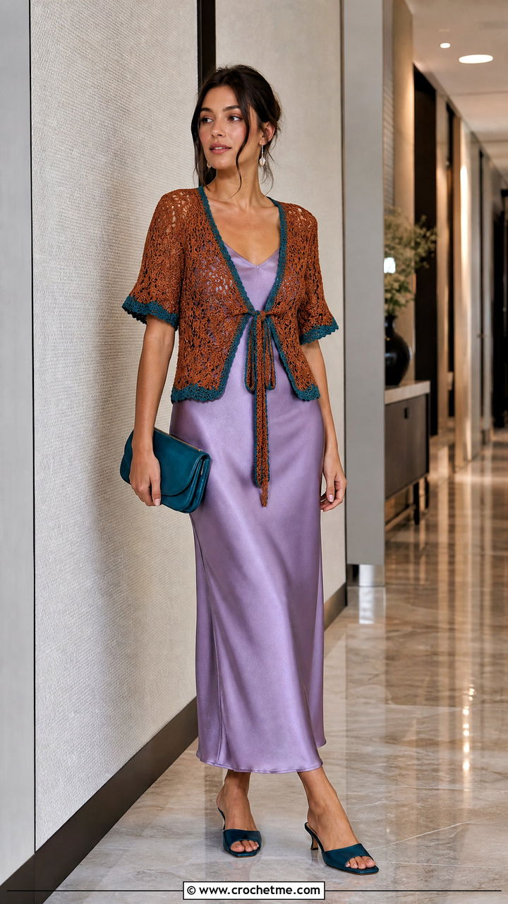 Brown Tie Front Crochet Top With Slip Dress - 35 crochet brown top outfit ideas