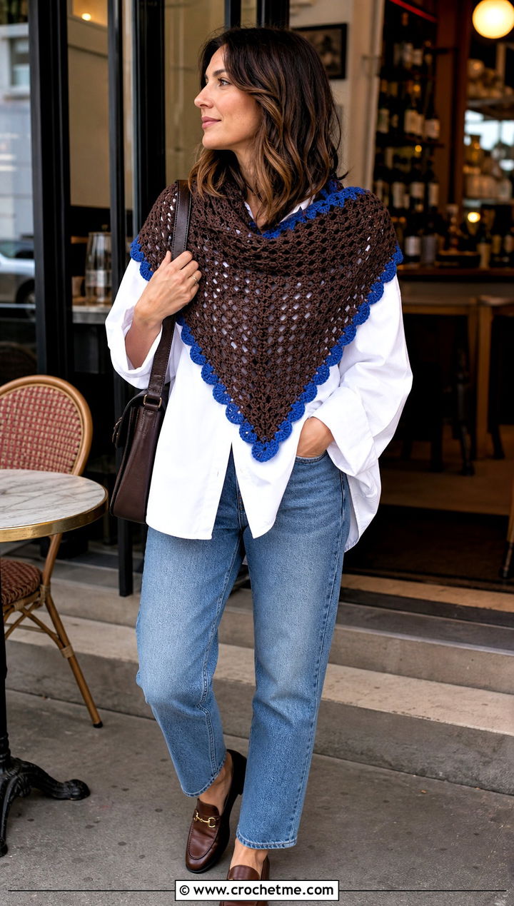 Brown Triangle Crochet Shawl With White Shirt And Jeans - 15 Brown Crochet Shawl outfit ideas