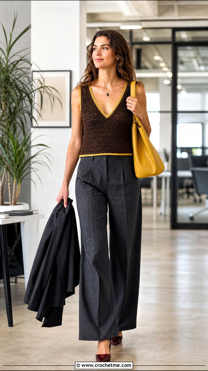 Brown V Neck Crochet Top With Pinstripe Trousers - 35 crochet brown top outfit ideas