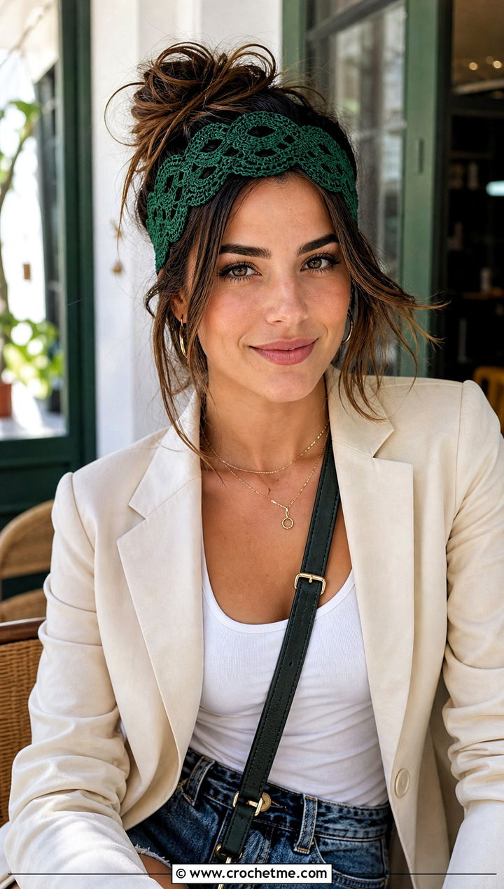 Bruges Lace Crochet Headband With Blazer And Denim Shorts - 30 crochet lace headband outfit ideas