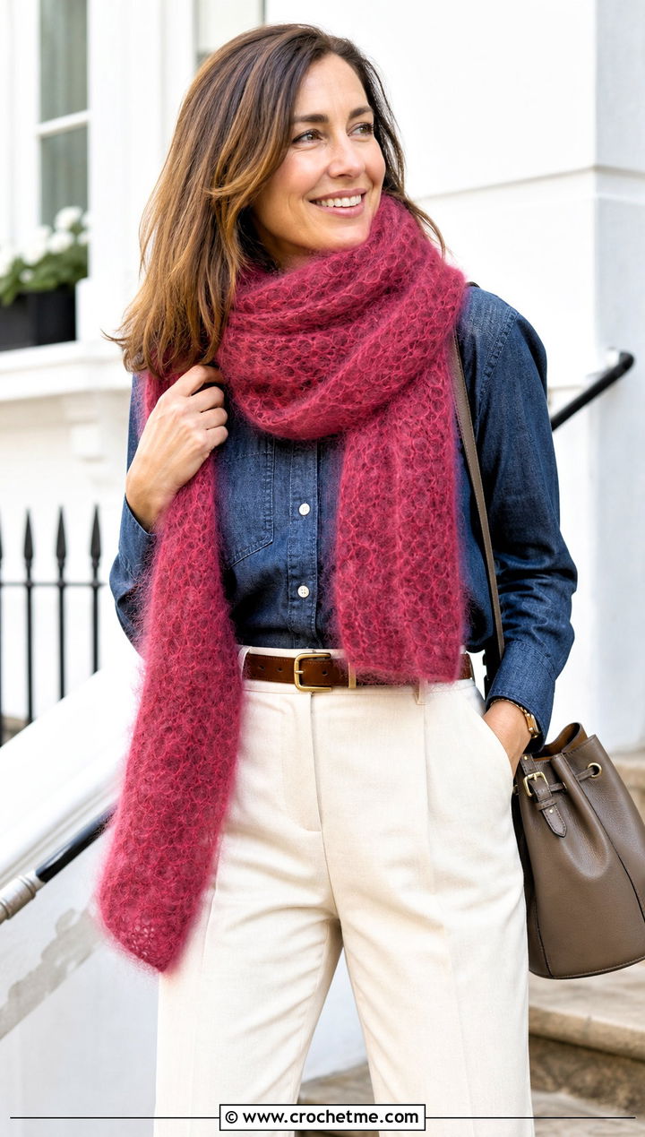 Brushed Crochet Mohair Scarf With Denim Shirt - 30 crochet mohair scarf outfit ideas