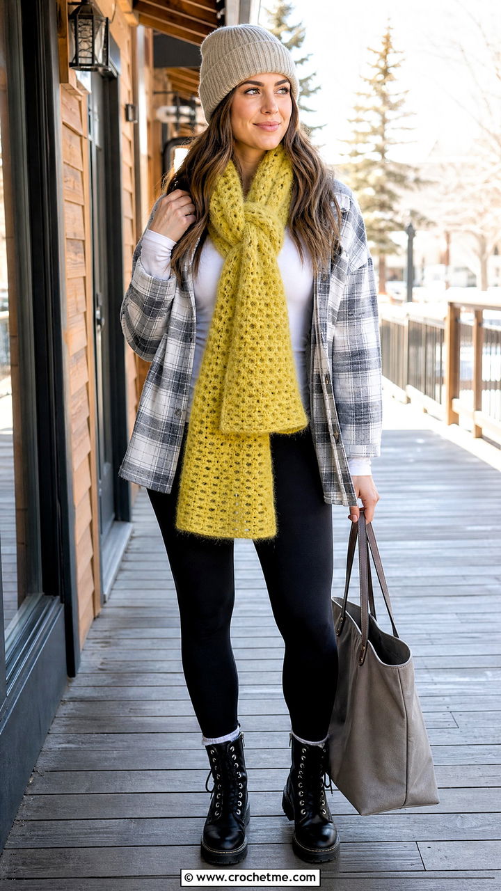 Brushed Crochet Sophie Scarf With Shacket And Leggings - 35 crochet sophie scarf outfit ideas
