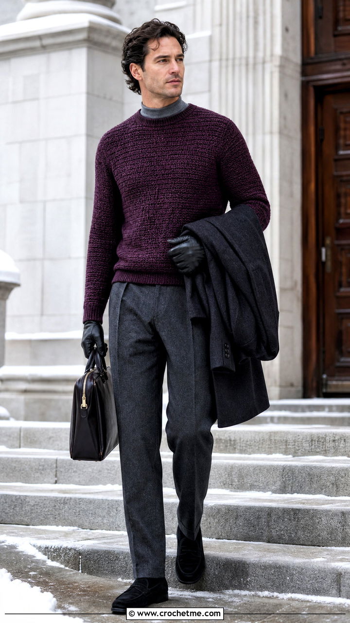 Brushed Crochet Sweater With Flannel Trousers - 35 crochet mens sweater outfit ideas