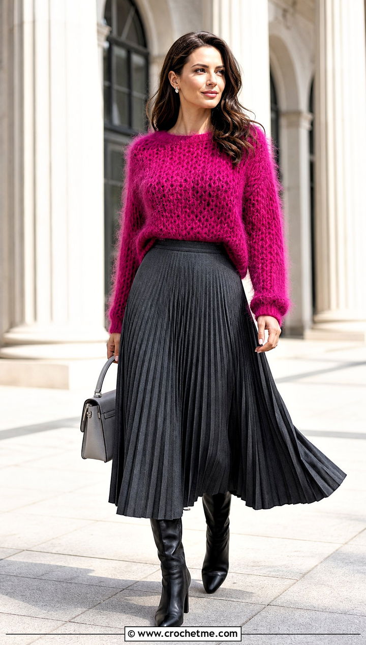 Brushed Crochet Sweater With Pleated Midi Skirt - 35 fluffy crochet sweater outfit ideas
