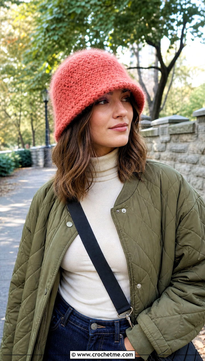Brushed Fuzzy Crochet Bucket Hat With Quilted Jacket - 25 fuzzy crochet bucket hat outfit ideas