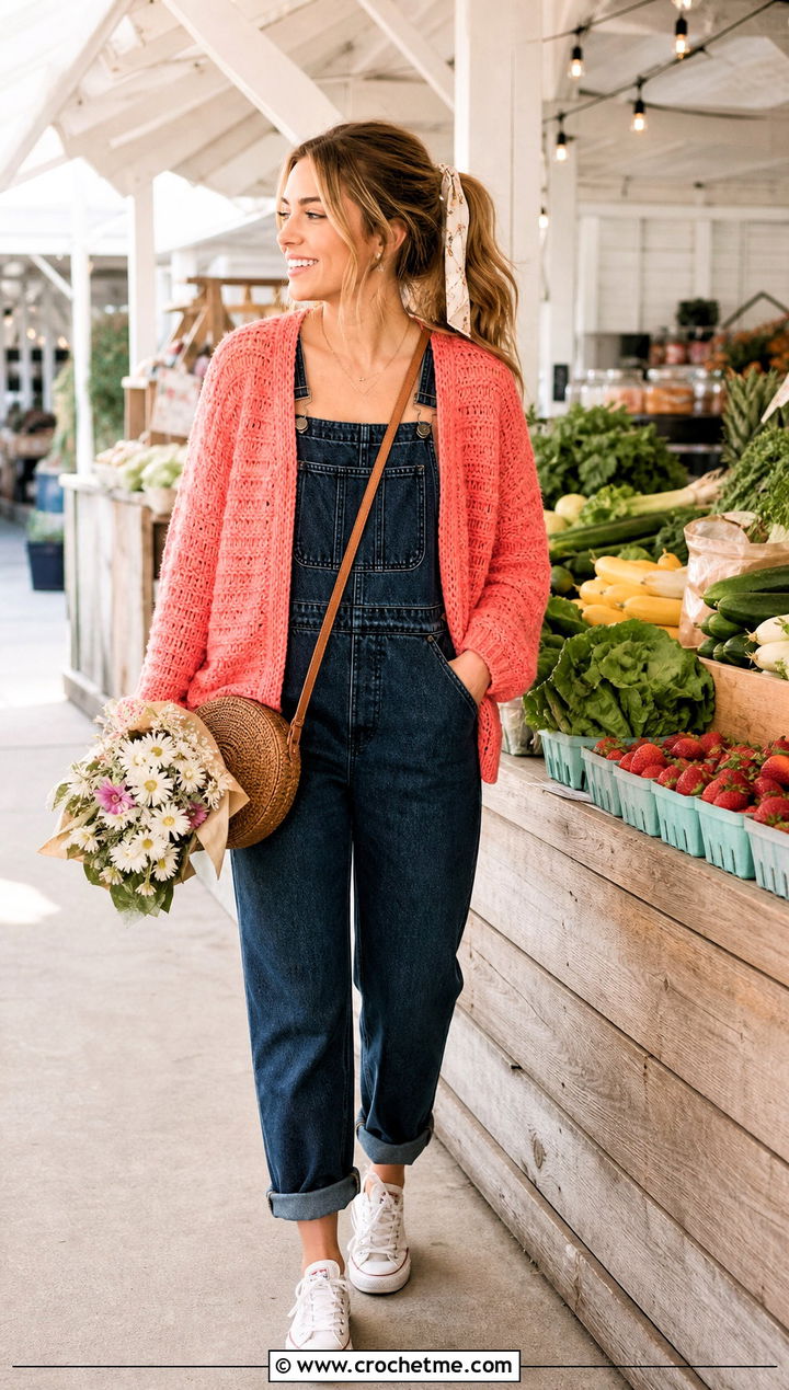 Brushed Knit Look Crochet Cardigan With Overalls - 25 Knit Look Crochet Cardigan outfit ideas
