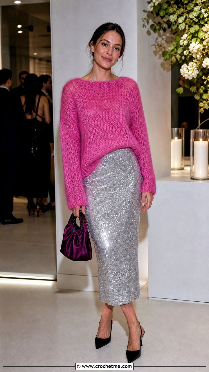 Brushed Mohair Crochet Sweater With Sequin Skirt - 35 mohair crochet sweater outfit ideas
