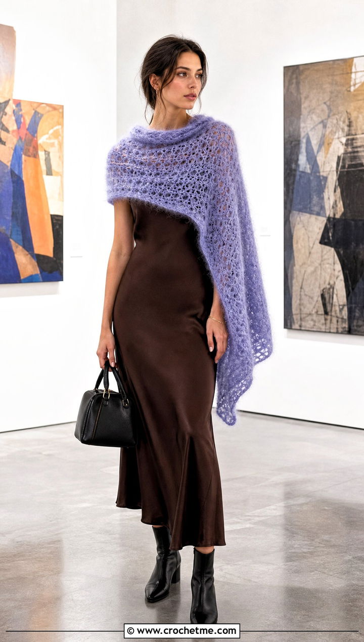 Brushed Mohair Rectangle Crochet Shawl With Slip Dress - 25 Easy Rectangle Crochet Shawl outfit ideas