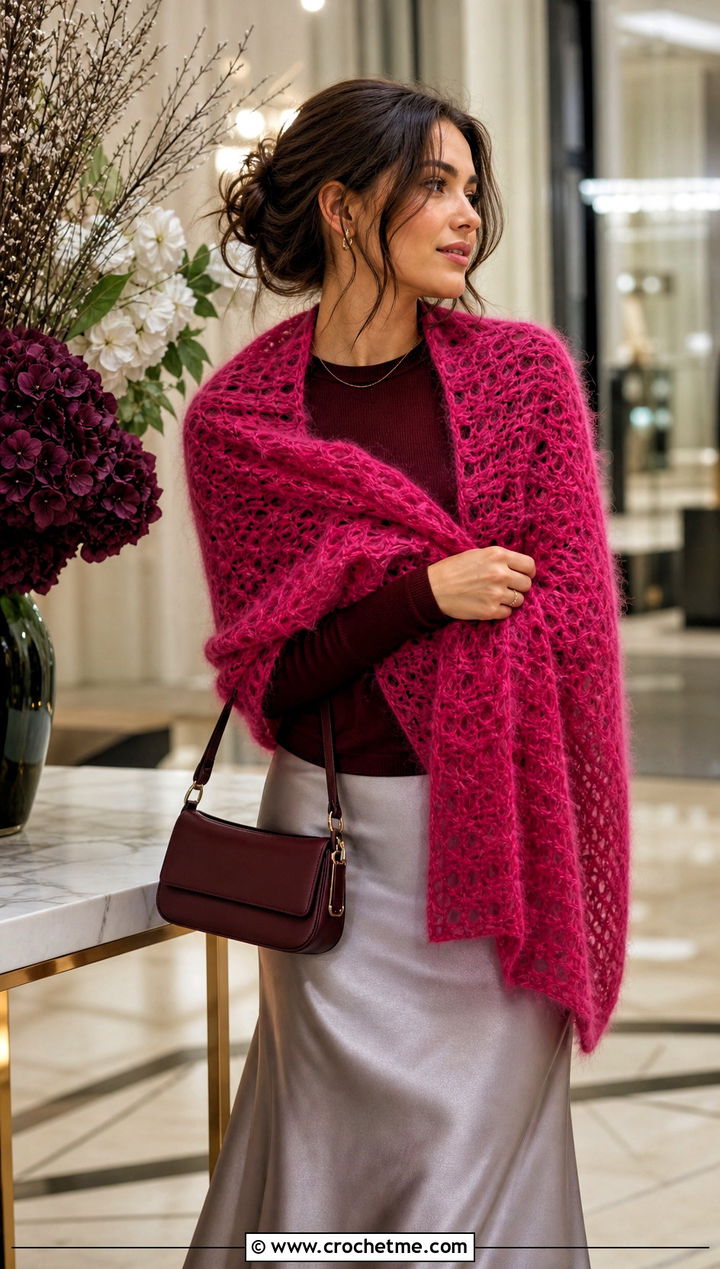Brushed Mohair Rectangular Crochet Shawl With Slip Skirt - 30 rectangular crochet shawls outfit ideas