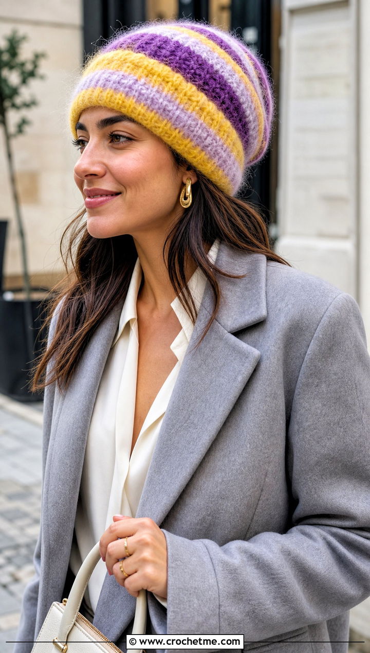 Brushed Mohair Striped Crochet Beanie With Wool Coat - 25 striped crochet beanie outfit ideas