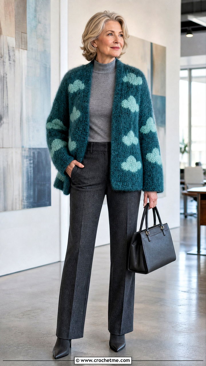 Brushed Yarn Crochet Cloud Cardigan With Wool Trousers - 35 crochet cloud cardigan outfit ideas