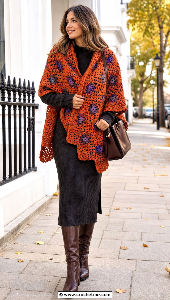 Brushed Yarn Granny Square Wrap With Sweater Dress - 30 granny square wrap outfit ideas