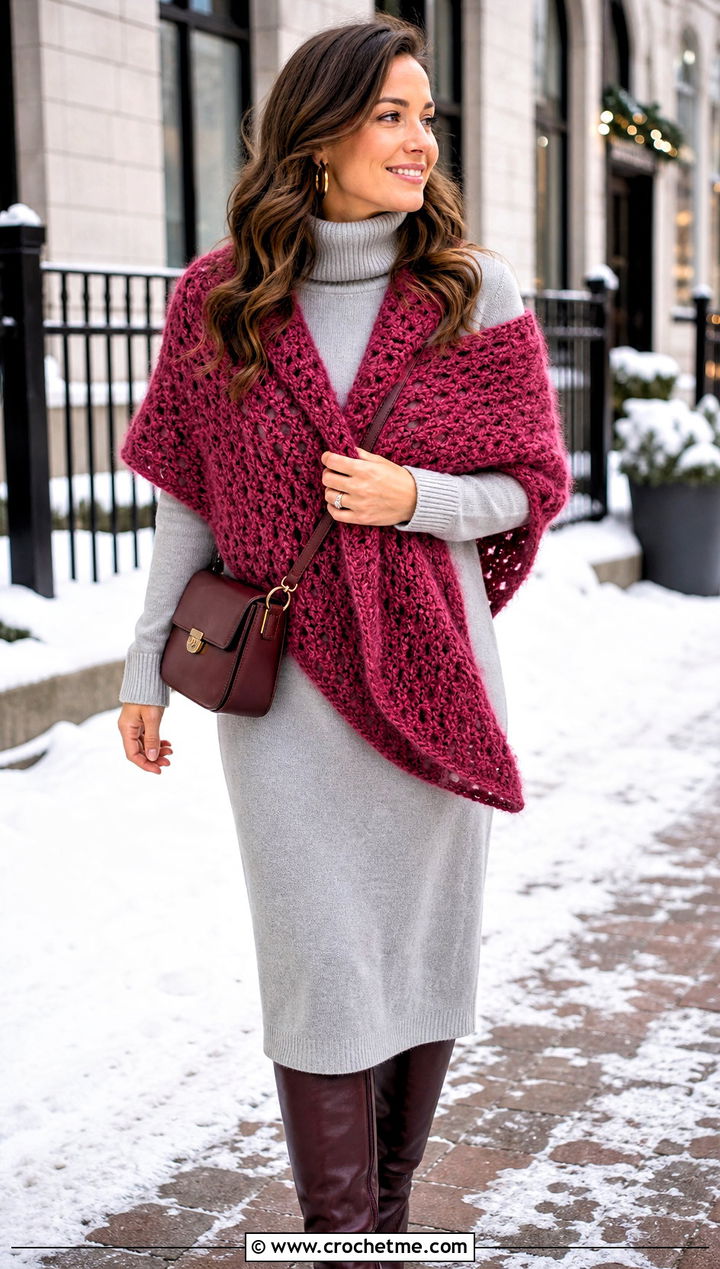 Brushed Yarn Half Moon Crochet Shawl With Sweater Dress And Boots - 25 Half Moon Crochet Shawl outfit ideas