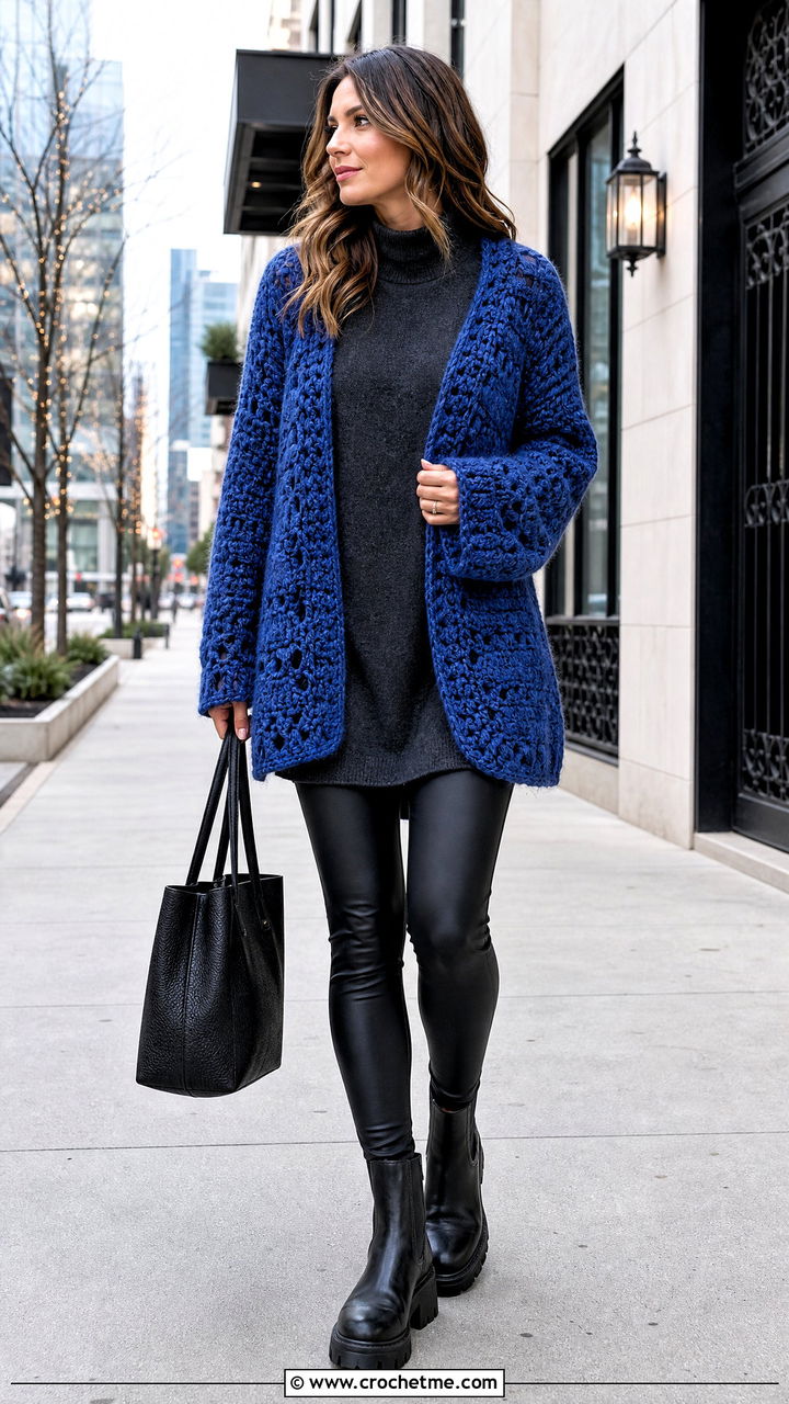 Brushed Yarn Hexi Cardi With Faux Leather Leggings - 35 crochet hexi cardi outfit ideas