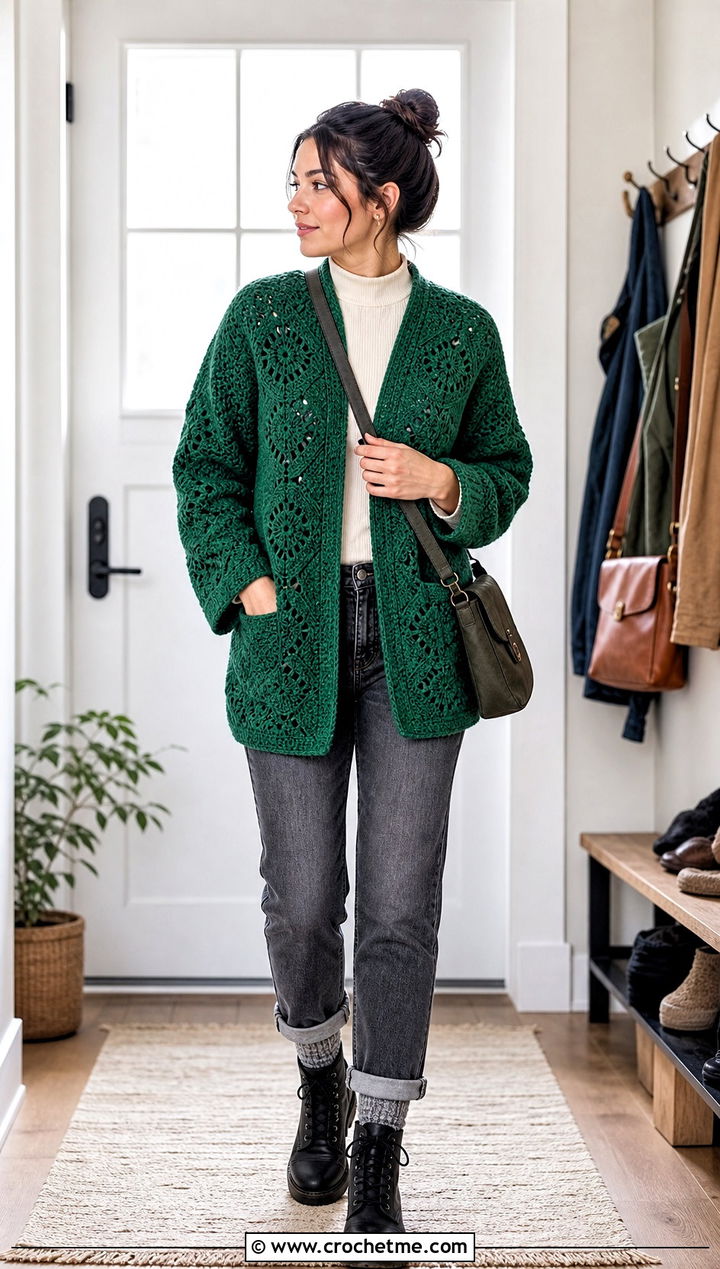 Brushed Yarn Hexi Crochet Cardigan With Thermal Layers - 35 hexi crochet cardigan outfit ideas