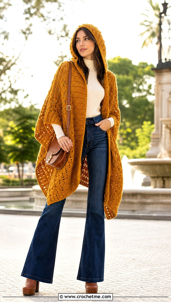 Brushed Yarn Hooded Crochet Ruana With Flared Jeans - 20 Hooded Crochet Ruana outfit ideas