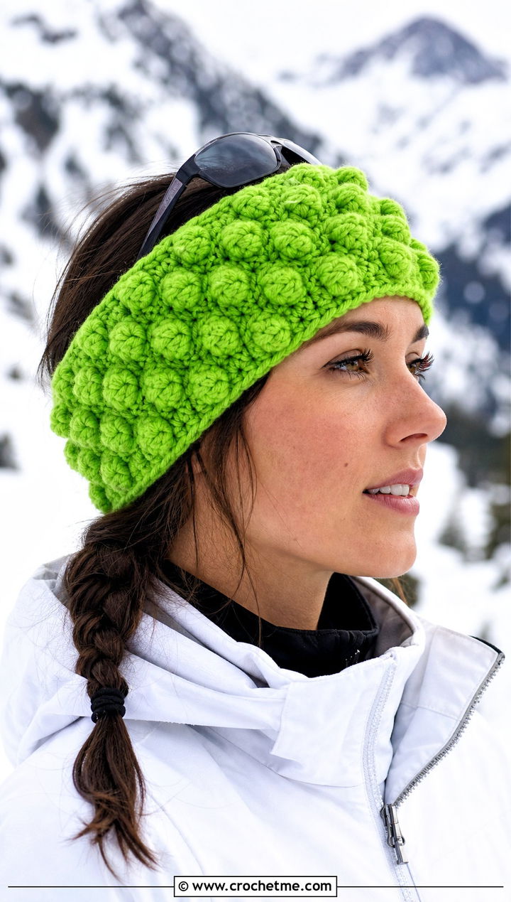 Bubble Stitch Crochet Ear Warmer With Ski Jacket And Snow Pants - 15 Easy Crochet Headband Ear Warmers outfit ideas