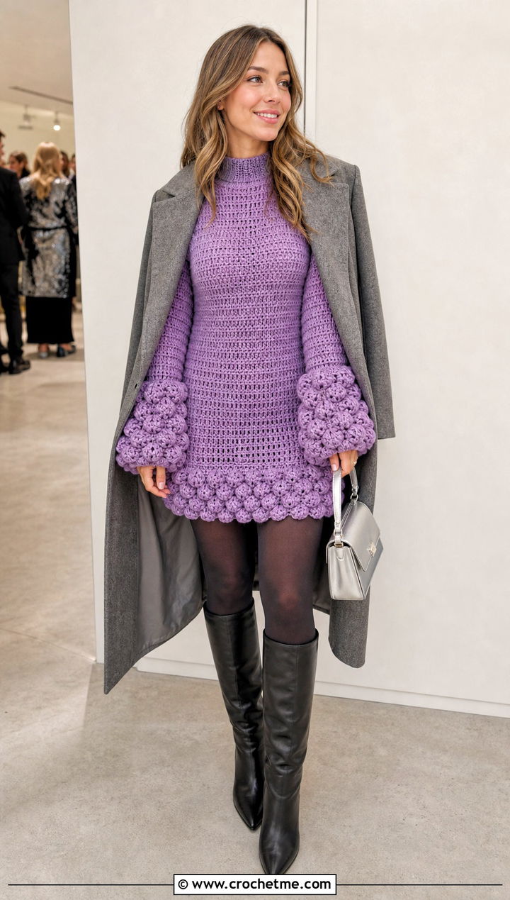 Bubble Stitch Crochet Mini Dress With Tall Boots - 25 weird crochet clothes and outfit ideas