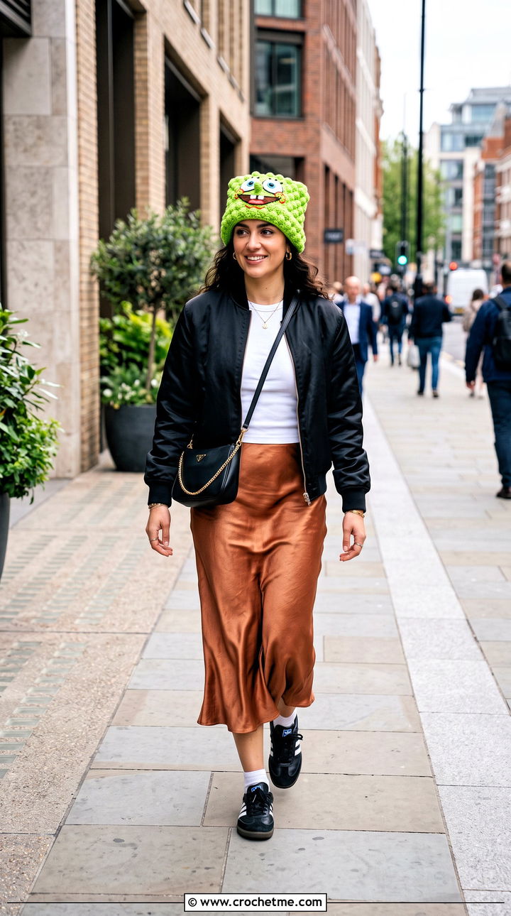 Bubble Stitch SpongeBob Crochet Hat With Bomber Jacket And Satin Midi Skirt - 35 crochet spongebob hat outfit ideas