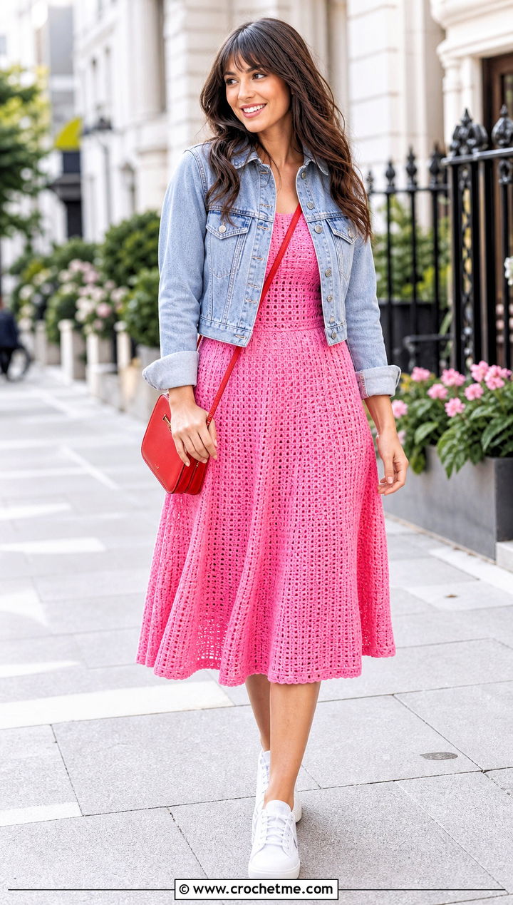 Bubblegum Crochet Fit And Flare Midi Dress With Denim Jacket - 35 crochet barbie dress outfit ideas