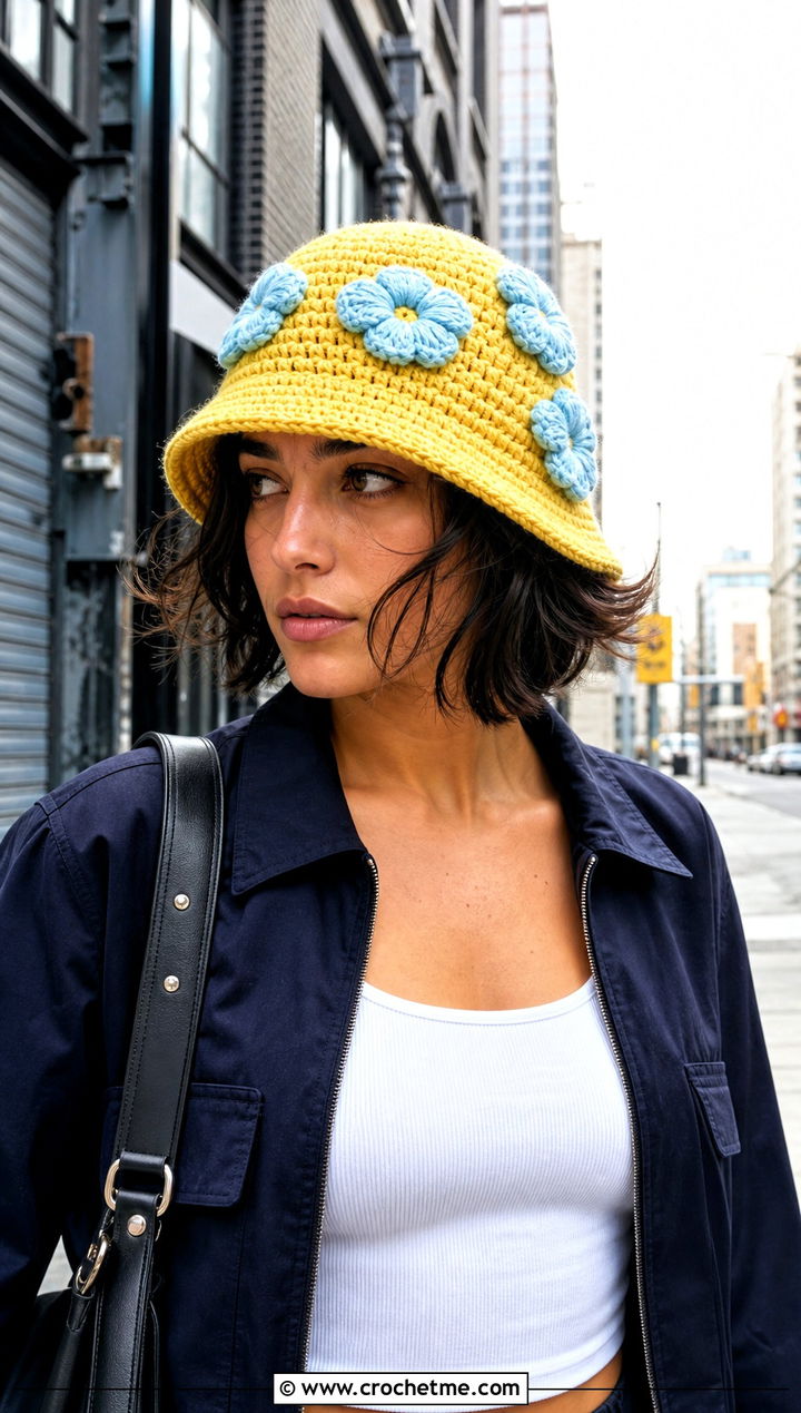 Bucket Beanie With Crochet Flowers And Cargo Skirt - 30 crochet flower beanie outfit ideas